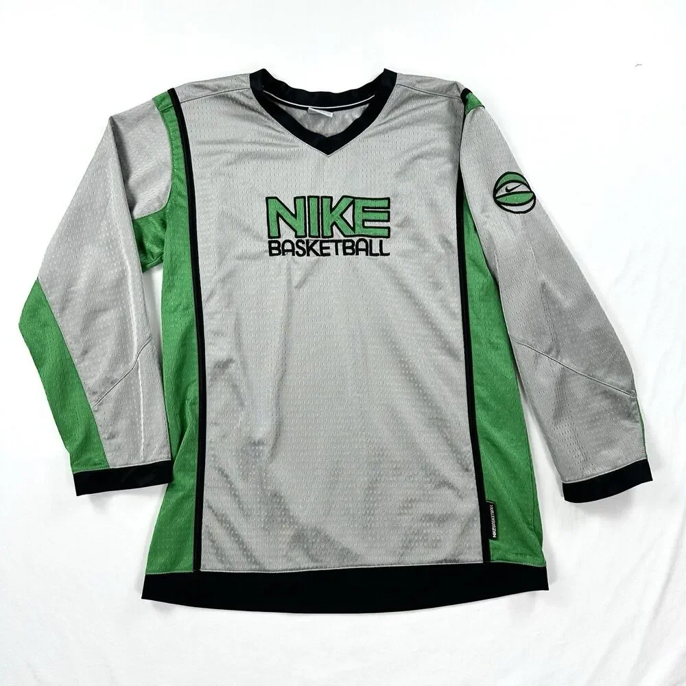 Nike Basketball Jersey Boys XL 18-20 Gray Green Long Sleeve Dri Fit Mesh
